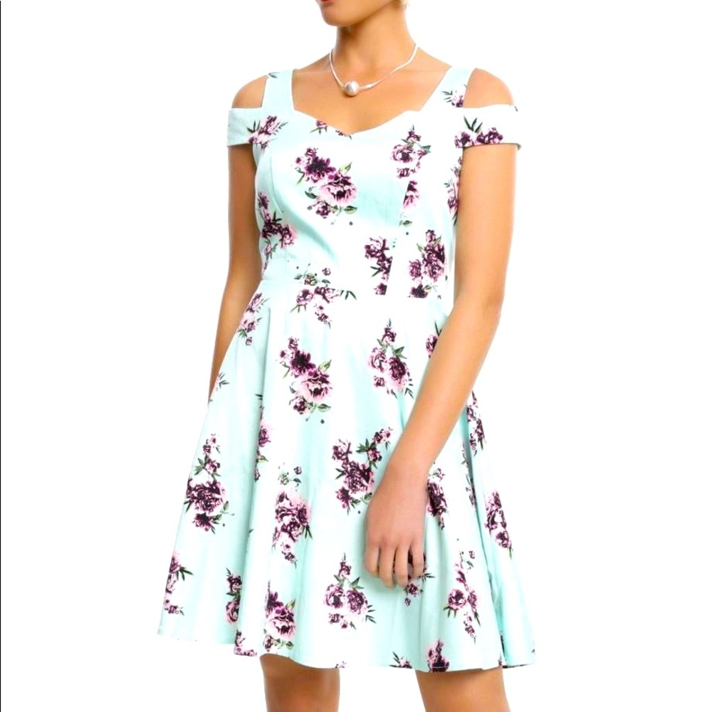 Hot Topic Mint Floral Off-The-Shoulder Strap Fit & Flare Dress